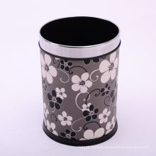 Leather Covered Open Top Grey Plum Flower Printed Dustbin (A12-1903AB)